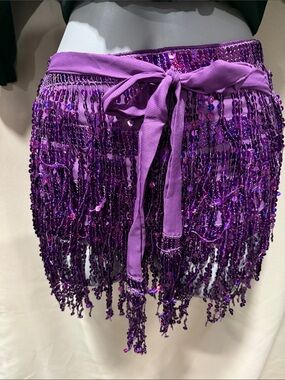 Purple Sequin Fringe Tie-Waist Skirt